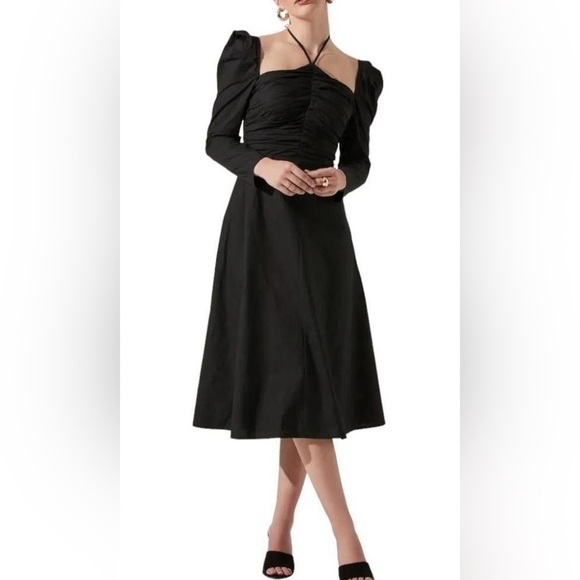 ASTR the Label Long Puff Sleeve Tie Neck Cotton Dress in Black Sz. Small - Picture 4 of 15
